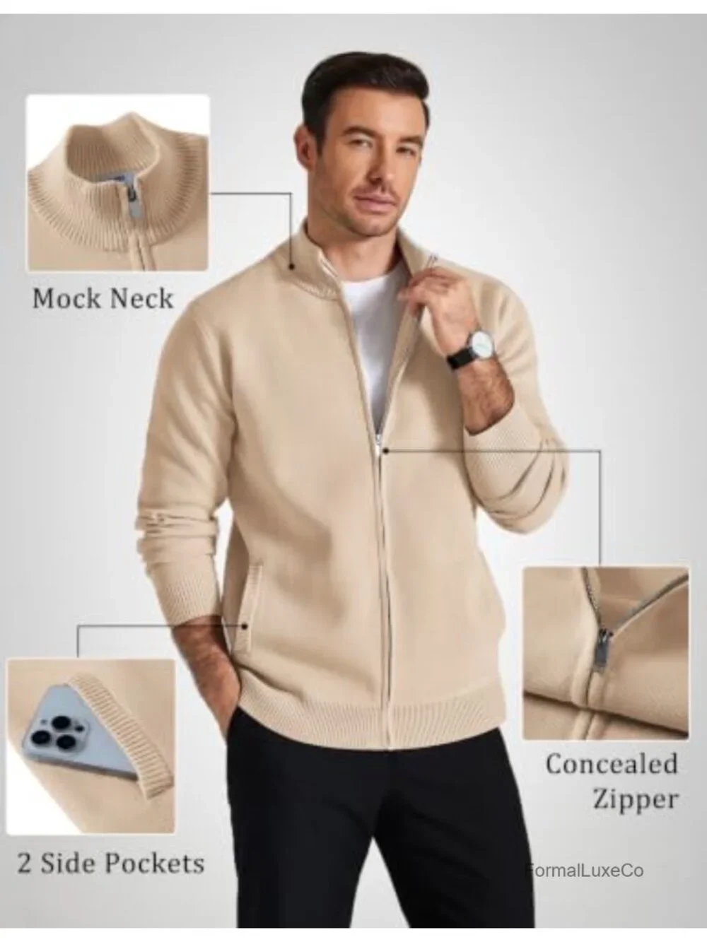 Men's Full Zip Cardigan Sweater Mock Neck Fair Isle Knit Long Sleeve